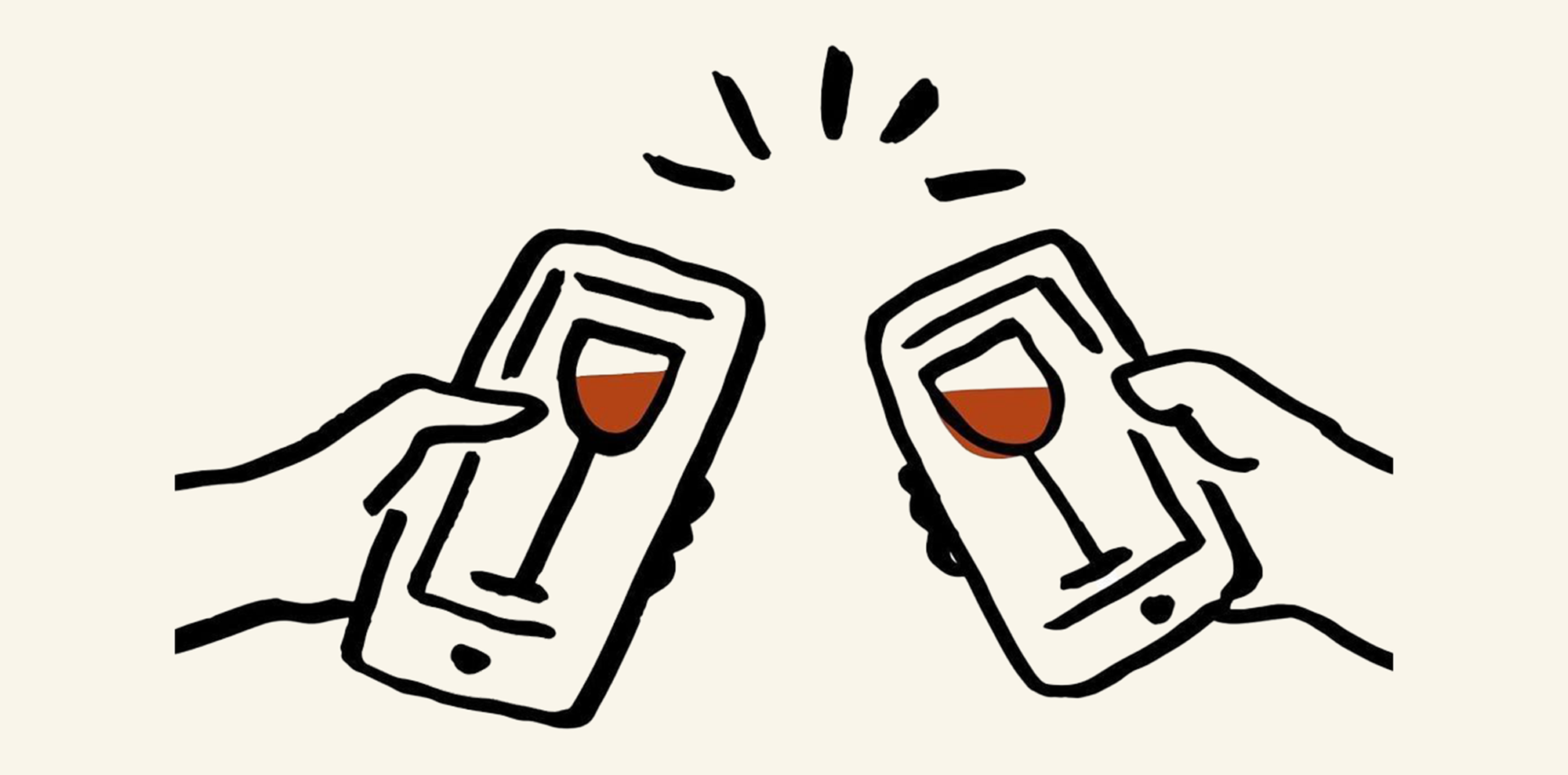 An illustration of two iPhones with wine glasses on the screen, clinking in "Cheers!"