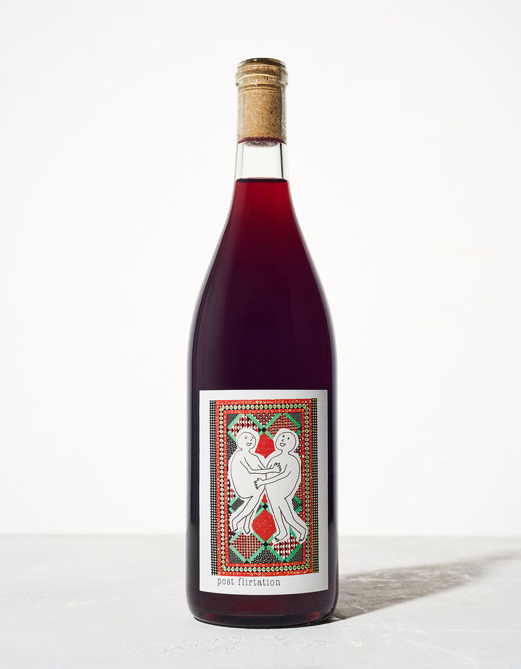 Bottle of Post Flirtation Red Wine against a white background.