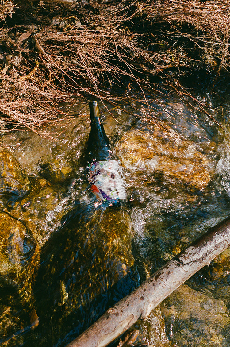 A bottle of Martha Stoumen Out the Meadow White Wine sits submerged and abstracted by running water in a shallow creek. There is a log in the foreground and dry brush in the background.