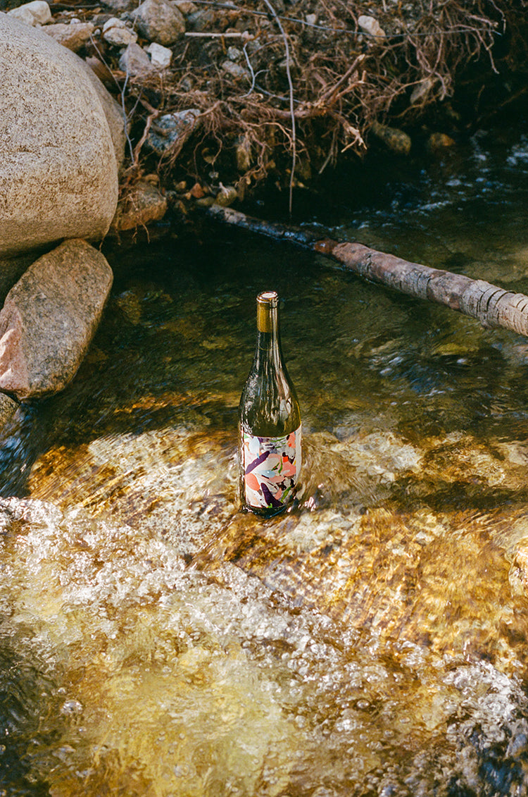 A bottle of Martha Stoumen Wine sits chilling in a shallow river surrounded by river rock. The bottle features a colorful label of pinks and blues.