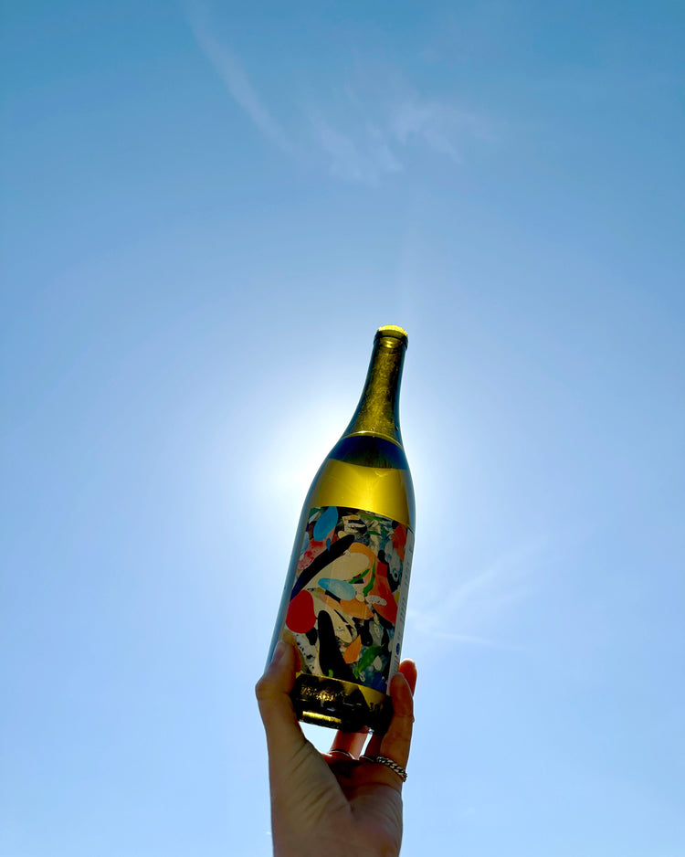 A hand holds a bottle of Out the Meadow White Wine against a clear blue sky. The bottle is backlit by the sun, illuminating the green glass bottle and colorful label. 