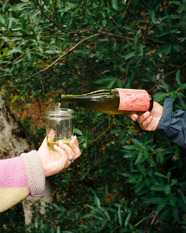 Two arms outstretched from either side of the frame, one in a colorful sweater holding a mason jar. The other, in a rainproof outdoor jacket, holds a bottle of Martha Stoumen Solo Act, which is a dark wine bottle with pink label. The hand from the right pours wine into the mason jar. The background is trees and nature, as if they are on a camping trip.